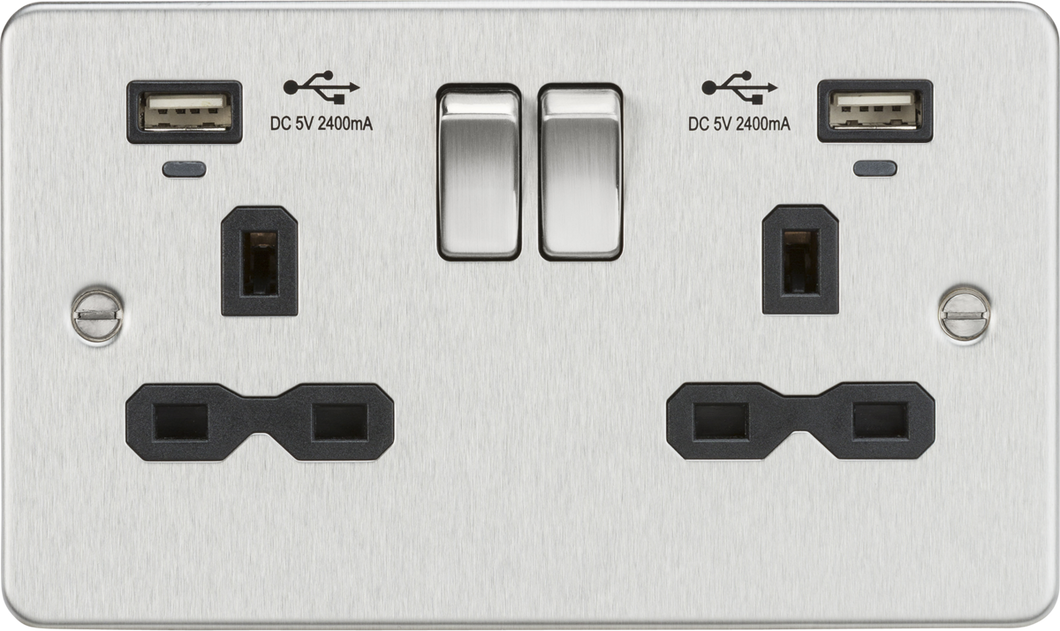 Knightsbridge 2G Switched Socket, dual USB charger (2.4A) with Indicators - Brushed Chrome FPR9904NB
