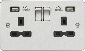 Knightsbridge Flat plate switched socket with dual USB charger (2.4A) - brushed chrome FPR9224BC