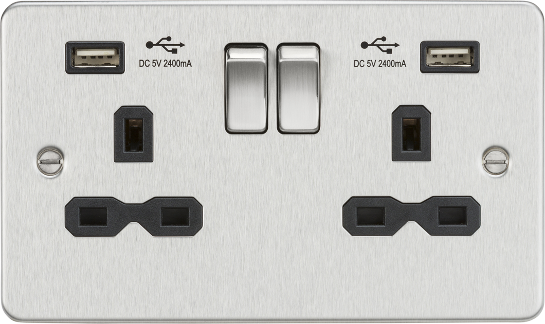 Knightsbridge Flat plate switched socket with dual USB charger (2.4A) - brushed chrome FPR9224BC