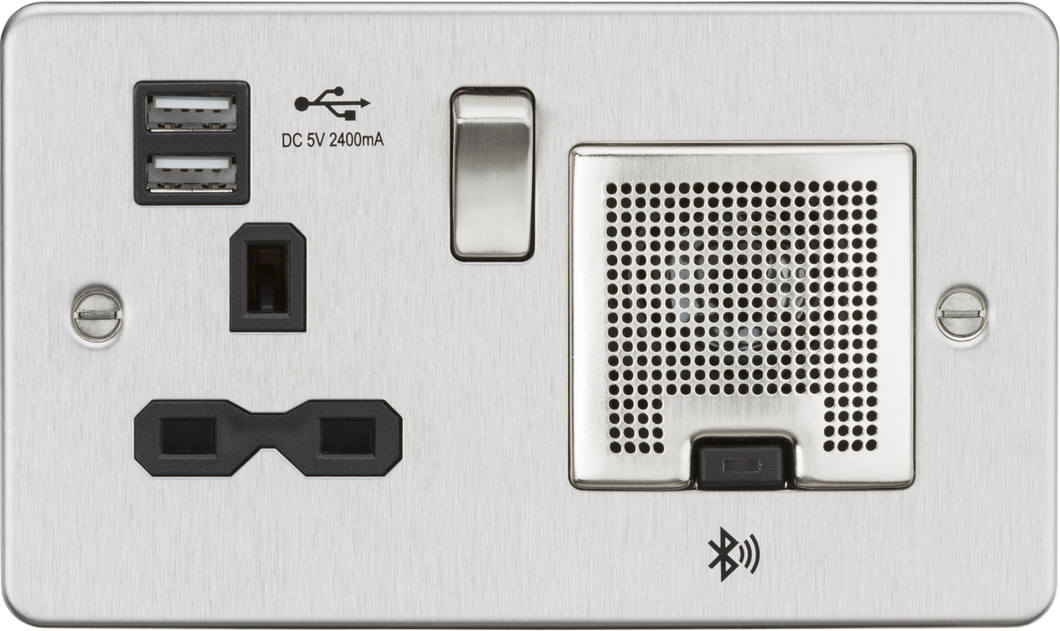 Knightsbridge Flat Plate 13A socket, USB chargers (2.4A) and Bluetooth Speaker - Brushed chrome