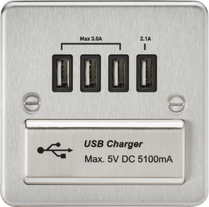 Knightsbridge Flat Plate Quad USB charger outlet - Brushed chrome FPQUADBC