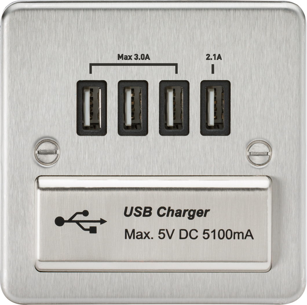 Knightsbridge Flat Plate Quad USB charger outlet - Brushed chrome FPQUADBC