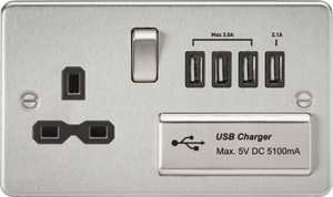 Knightsbridge Flat plate 13A switched socket with quad USB charger - brushed chrome FPR7USB4BC