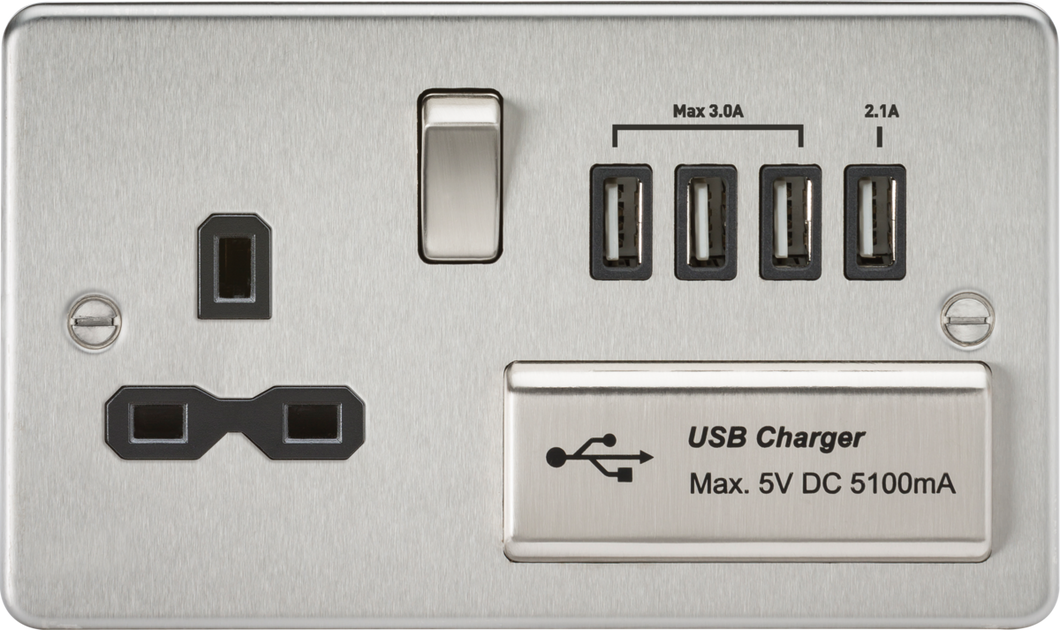 Knightsbridge Flat plate 13A switched socket with quad USB charger - brushed chrome FPR7USB4BC