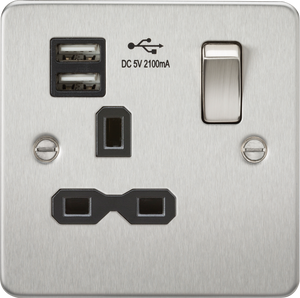 Knightsbridge Flat plate switched socket with dual USB charger (2.1A) - brushed chrome FPR9901BC