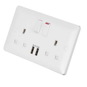 MK Base 13A 2 Gang Switched Socket with Twin USB Outlets White